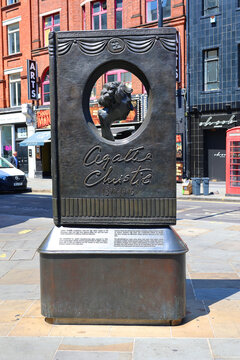 LONDON UNITED KINGDOM 06 19 2023: Agatha Christie Memorial is a memorial to author and playwright Agatha Christie, located at the intersection of Cranbourn Street and Great Newport Street by St Martin