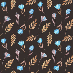 Seamless watercolor floral pattern with blue winter flowers and warm beige leaves on a dark background. Hand painted botanical illustration with elegant contrast and cozy winter mood.