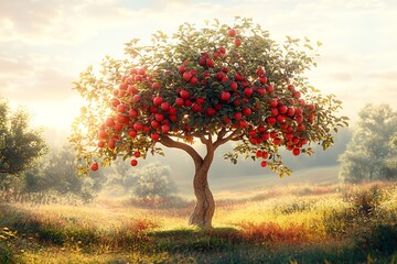 A magnificent apple tree laden with bright red fruit stands proudly in a sunny field during late summer, representing the bounty and beauty of nature.