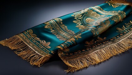 dark teal and gold patterned shawl with fringe