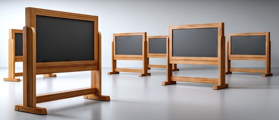 Small blackboards on wooden stands arranged in an empty room with soft light grey background and blurred depth for focus