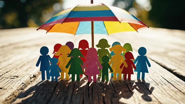 Diverse Community United Under a Colorful Umbrella of Protection, social unity concept