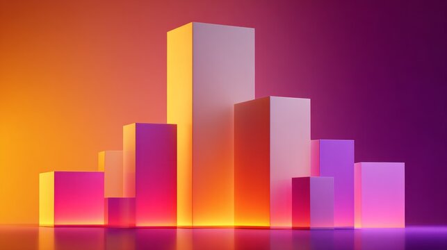 Abstract 3D Gradient Bar Chart Blocks in Neon Purple and Orange Background. AI generative