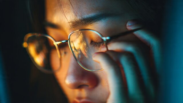 Asian woman experiencing eye strain from computer screen glare indoor setting closeup photography emotional fatigue