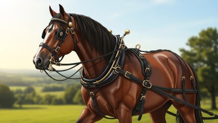 Obraz premium A brown horse with black mane and harness walking in a green field with trees in the background under a blue sky