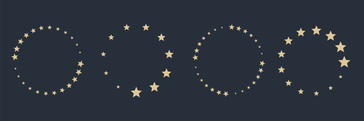 Decorative golden stars forming circular patterns on a dark background. Abstract design suitable for holidays, luxury branding, wallpapers, invitations, and creative backgrounds. © Tatiana