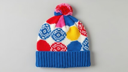 Blue fair isle pom knit winter beanie with festive cozy style
