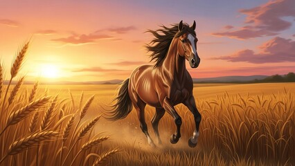 A majestic horse runs freely through a golden wheat field at sunset with flowing mane and tail