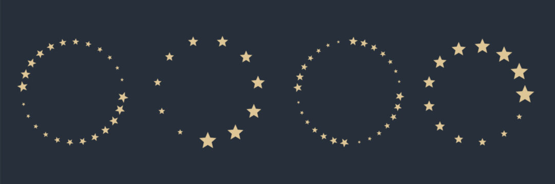 Decorative golden stars forming circular patterns on a dark background. Abstract design suitable for holidays, luxury branding, wallpapers, invitations, and creative backgrounds.