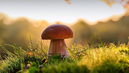 a detailed view of a penny bun mushroom sprouting from green grass at dawn