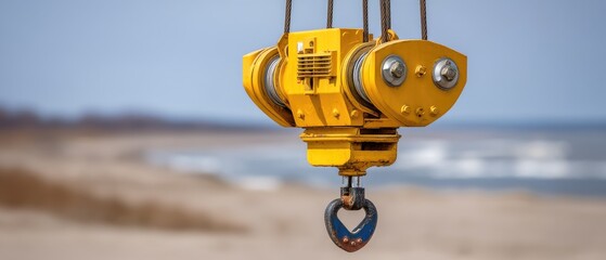 Close-up view of a metal crane hook with a blue sea in the background showing details of industrial equipment in use during daytime