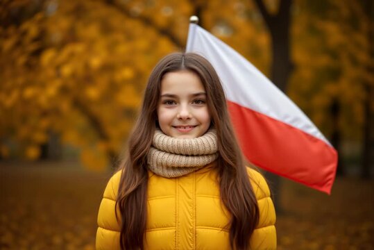 Young girl with Polish flag in autumn park. Celebrating National Independence Day on November 11. Patriotism and national identity concept.