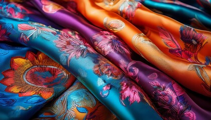 close up of a vibrant patterned silk scarf