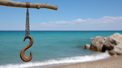 Obraz premium Close-up view of an industrial crane hook with a clear blue sea in the background on a bright sunny day showcasing interesting details and textures
