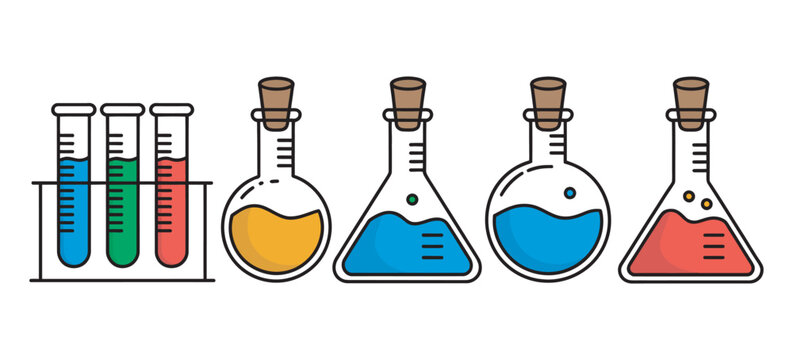 Science lab illustration with flasks, beakers, test tubes, colorful liquids, educational STEM materials, laboratory experiments, scientific research visuals, vector design for learning - Powered by Adobe