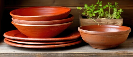 Handmade red clay pots and bowls arranged on a wooden shelf in a Chinese pottery workshop during a pottery crafting session