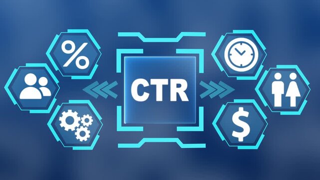 Glowing teal digital interface with the word CTR in the center surrounded. modern Concept with surrounding finance, users, settings and data analytics icons on blue blurred background.