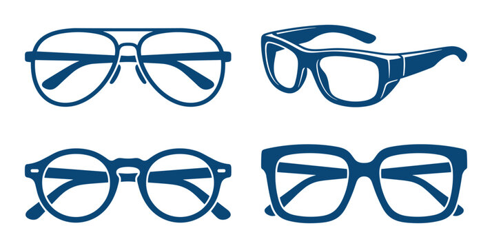 Various eyewear styles. Eye protection designs. Spectacles vector graphic in blue tone on white backdrop.