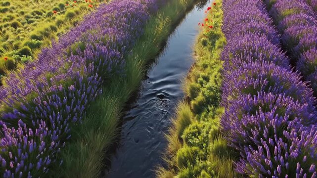 Lavender field blooms in summer sunlight. Purple flower rows line stream of water. Green grass surrounds flowing stream. Nature displays vibrant purple and green in peaceful flower field with water.