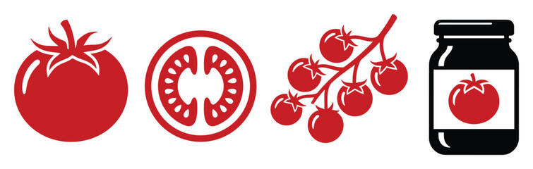 Vector illustration of a tomato collection. Whole, slice, vine tomatoes, and jar of sauce icon.