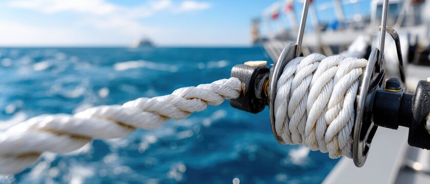 Close-up view of a winch and rope on a yacht deck with blue sea in the background and light reflections on the water, showing boating activity in bright daylight