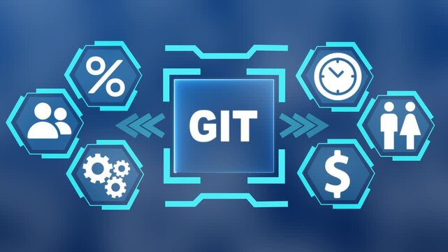 Glowing teal digital interface with the word GIT in the center surrounded. modern Concept with surrounding finance, users, settings and data analytics icons on blue blurred background.