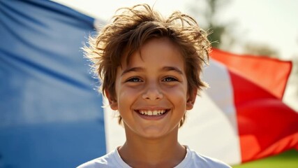 Portrait of a smiling young boy in front of a waving French flag. Celebrating Bastille Day on July 14. National pride and patriotism concept