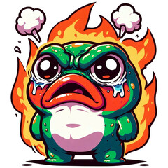 The angry frog has wide eyes, tears are streaming down its face, it's surrounded by fire, and steam is spewing from its head