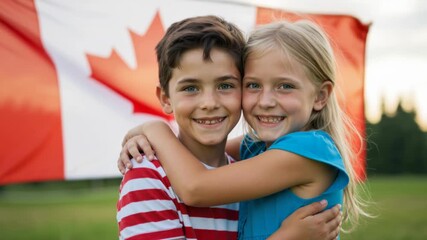 Two children hugging in front of a Canadian flag. Smiling boy and girl celebrating Canada Day, July 1. National pride and childhood friendship concept