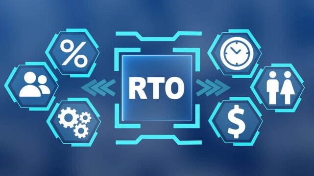 Glowing teal digital interface with the word RTO in the center surrounded. modern Concept with surrounding finance, users, settings and data analytics icons on blue blurred background.