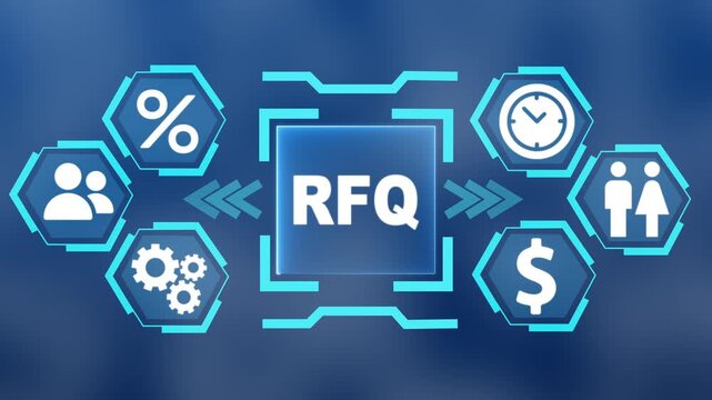 Glowing teal digital interface with the word RFQ in the center surrounded. modern Concept with surrounding finance, users, settings and data analytics icons on blue blurred background.