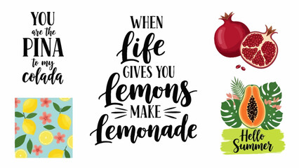 A collection of vibrant illustrations featuring lemons, pomegranates, and floral patterns with inspirational quotes