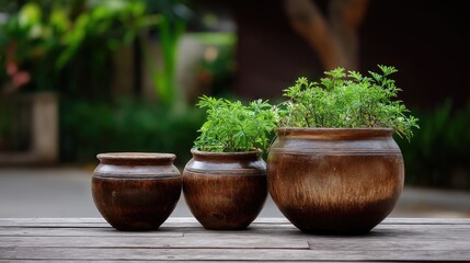 Traditional clay pots for water and plants displayed in a market setting during the day