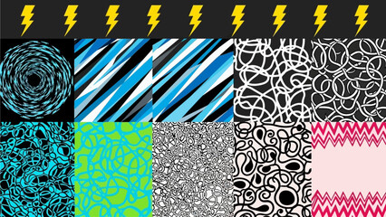 A vibrant digital illustration featuring abstract patterns and lightning bolts in a grid layout