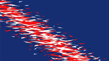 Dynamic diagonal motion of abstract red, white, and blue shapes on a blue background, viewed from a straightforward perspective