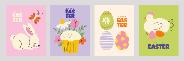 Happy Easter greeting card and poster set with hand drawn eggs, bunny and spring flowers in abstract doodle style. Festive vector clipart collection for holiday backgrounds, prints, banners 
