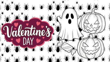 Valentine's Day illustration featuring ghost and pumpkins surrounded by insects in a playful monochrome scene