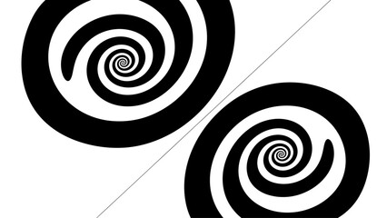 Two black swirling spirals on a diagonal axis in a digital illustration
