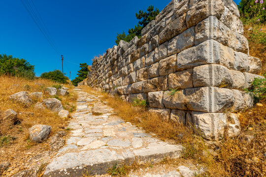 Ruins of the ancient city of Priene, Turkey. The Temple of Athena Polias in Priene  an Ionic Order temple located northwest of  agora, inside the sanctuary complex. It was dedicated to Athena Polias, 
