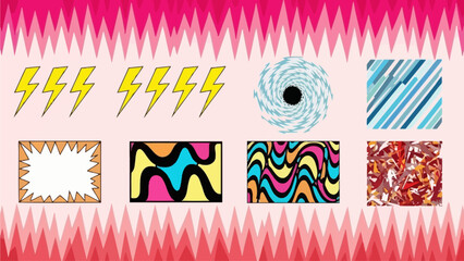 Vibrant abstract illustration featuring geometric patterns and lightning bolts on a pink gradient background from a frontal viewpoint