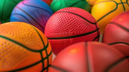 A collection of colorful basketballs in various shades, including red, orange, green, and purple. The balls are textured and arranged closely together.