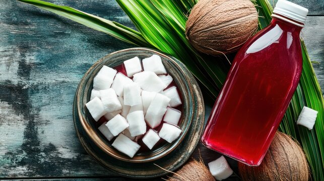 Coconut cubes, juice, and leaves on rustic wood
