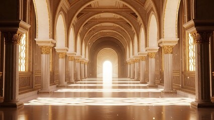 Fototapeta premium A serene and majestic arched hallway with golden accents and soft illumination, viewed from the entrance, leading to a bright, distant archway.