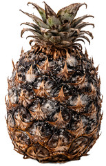 Rotten pineapple with dark mold between scales on white