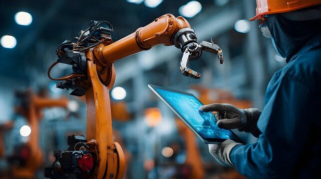 Engineer controlling an industrial robot arm using IoT-based robotic software in a smart factory. Concept: Industrial automation, smart manufacturing, robotics control, IoT integration, and Industry 4