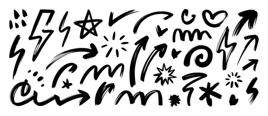 Bold brush drawn doodle shapes for graffiti street art poster design. Hand drawn thick heart and star symbols. Funky bold sticker collection. Naive brush graphic vector elements. Funky thick doodles.