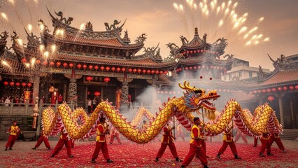 Obraz premium Vibrant dragon dance performance by red-clad dancers in front of ancient temple with fireworks exploding above