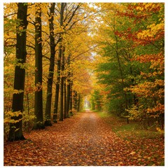 Obraz premium Autumn path through golden canopy forest