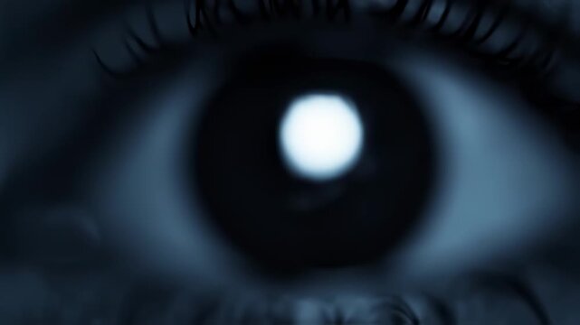 A close-up view of a human eye with a glowing pupil in a dark environment