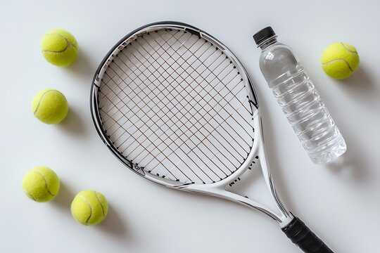 A flat lay of a tennis racket, tennis balls, and a water bottle on a white background, perfect for showcasing sports and active lifestyle content.